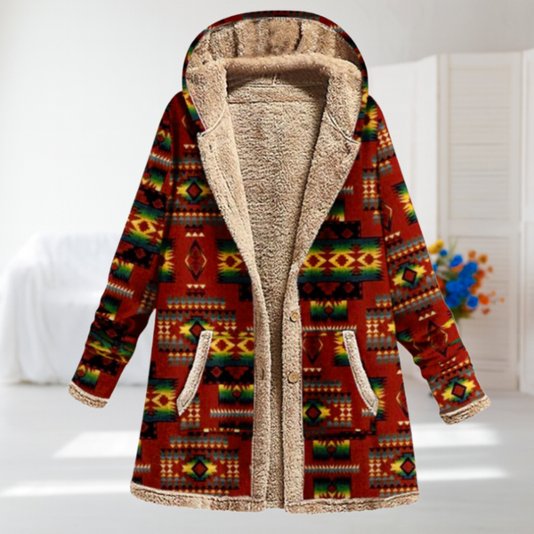 Giorgia | Red Aztec Fleece-Lined Hooded Coat