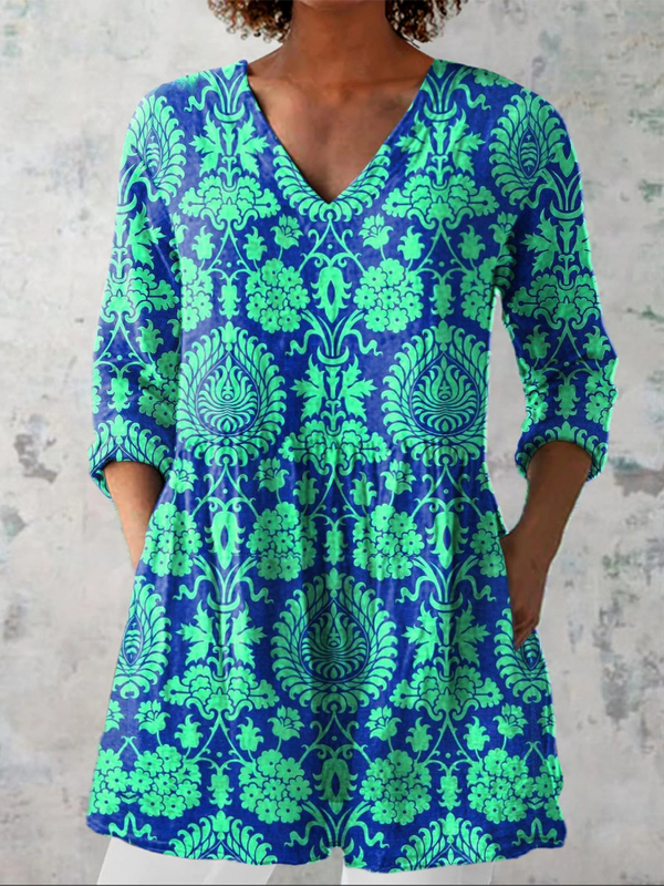 Ines | Turquoise Print V-Neck Blouse