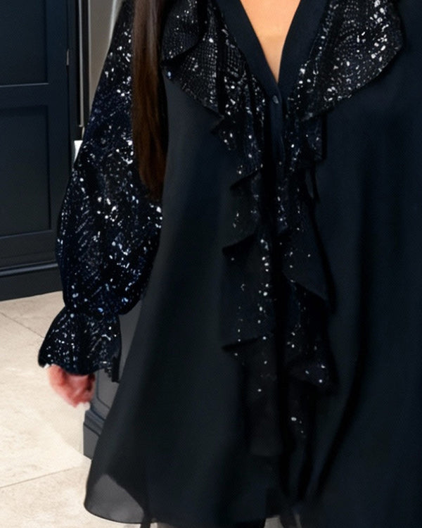 Loose Solid Colour Blouses with Ruffles