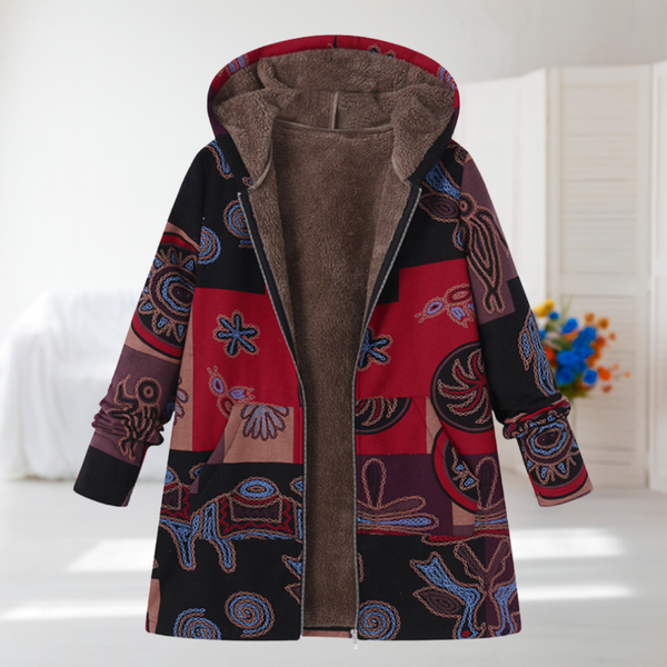 Aurora | Black Folk Print Fleece-Lined Hooded Coat