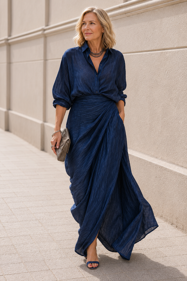 Cielo | Deep Blue Shirt & Draped Maxi Skirt Set