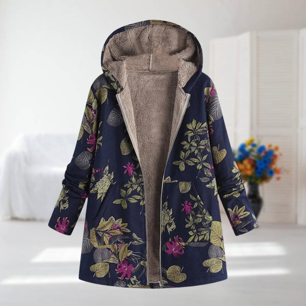 Beatrice | Navy Floral Fleece-Lined Hooded Coat