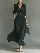 Elvira | Pleated Lapel-Collar Maxi Dress