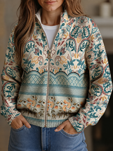 Olivia | Botanical Border Print Zip-Up Cardigan