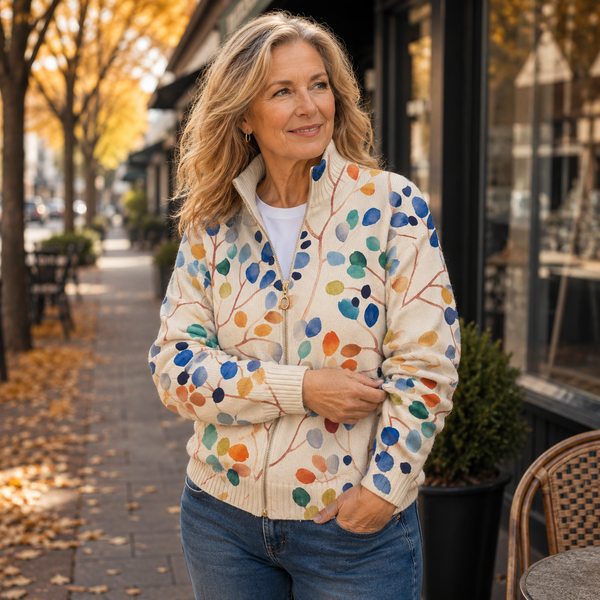 Fiona | Botanical Leaf Print Zip-Up Cardigan