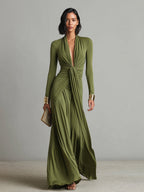Olive Silk Maxi Dress V-Neck
