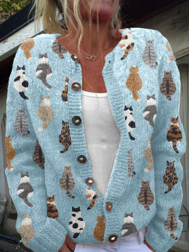 Charlotte | Soft Knit Button Cardigan with Cat Print