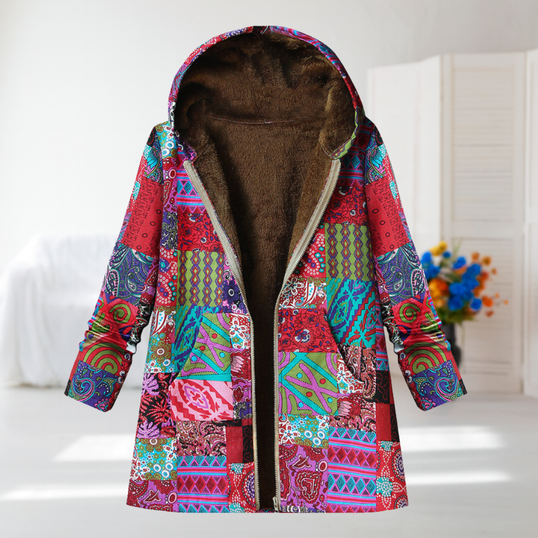 Sara | Pink Patchwork Fleece-Lined Hooded Coat