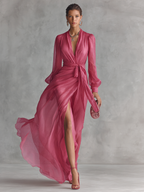 Pink Chiffon Dress with V-Neck