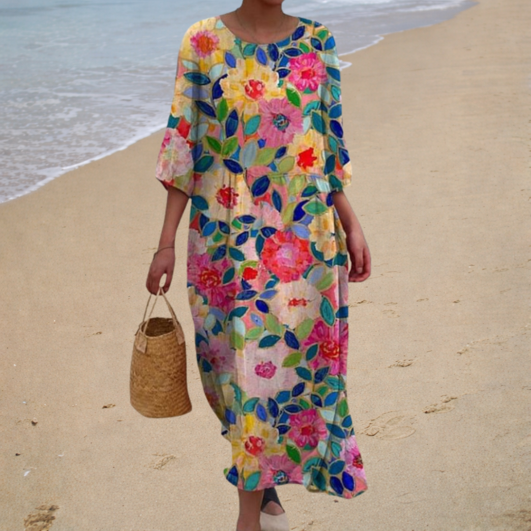 Bright Floral | Three-Quarter Sleeve Maxi Dress