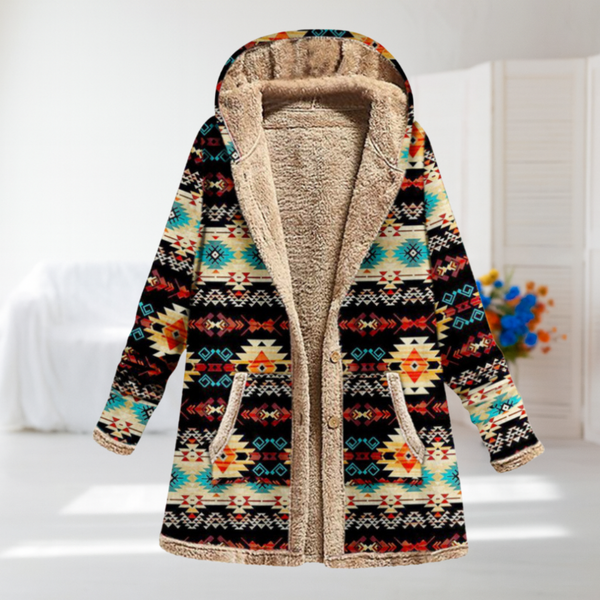 Federica | Black Aztec Fleece-Lined Hooded Coat