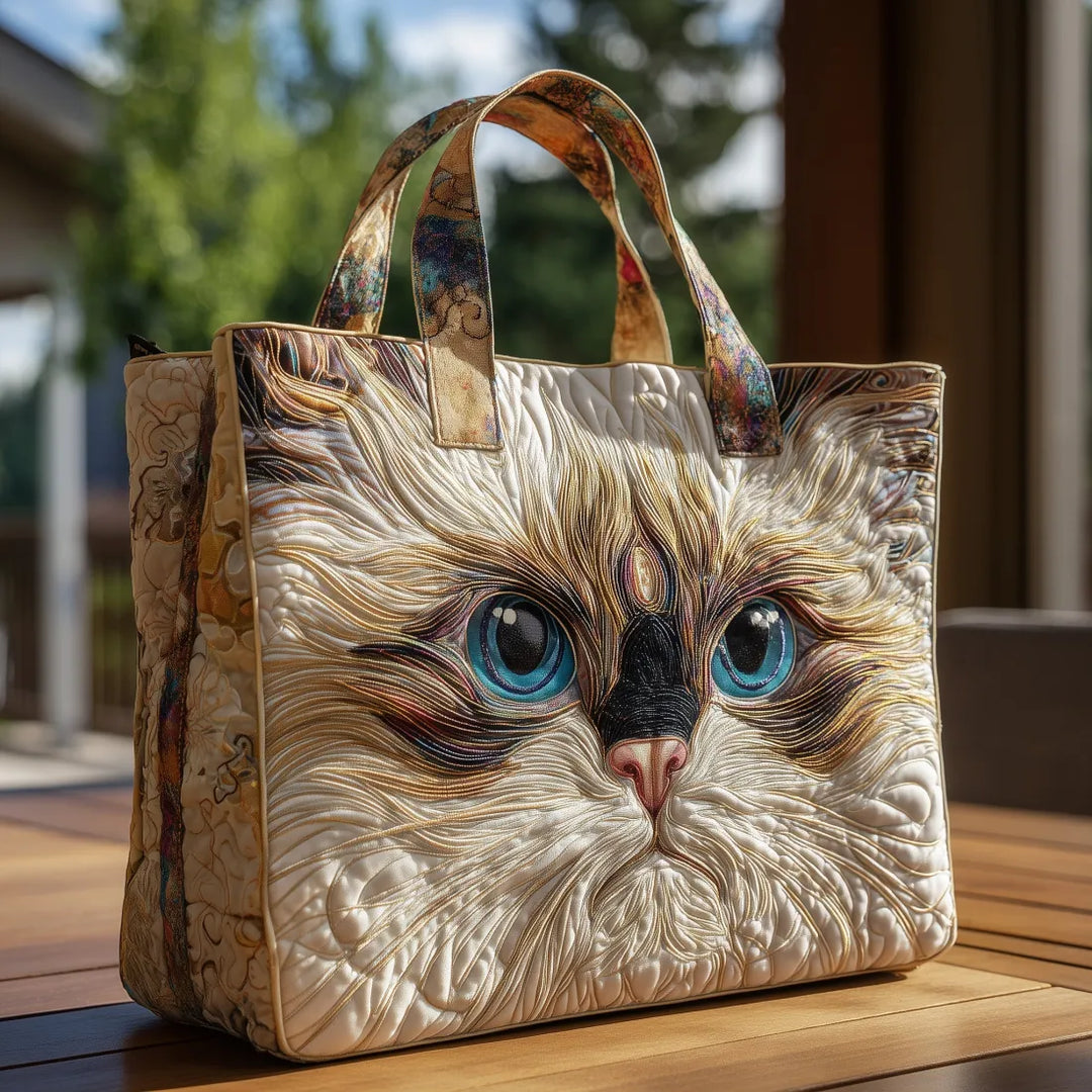 Handcrafted Tote Bag - White Cat with Blue Eyes Design