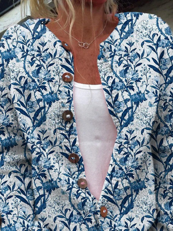 Tiverly | Indigo Botanical Knit Cardigan with Five Buttons