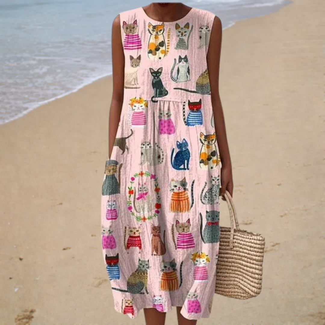 Cat Print | Playful Midi Dress