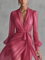 Pink Chiffon Dress with V-Neck