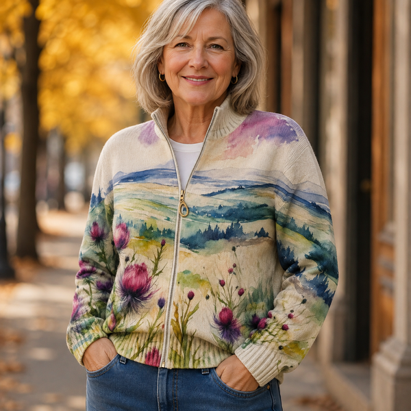 Averil | Scottish Thistle Zip-Up Cardigan