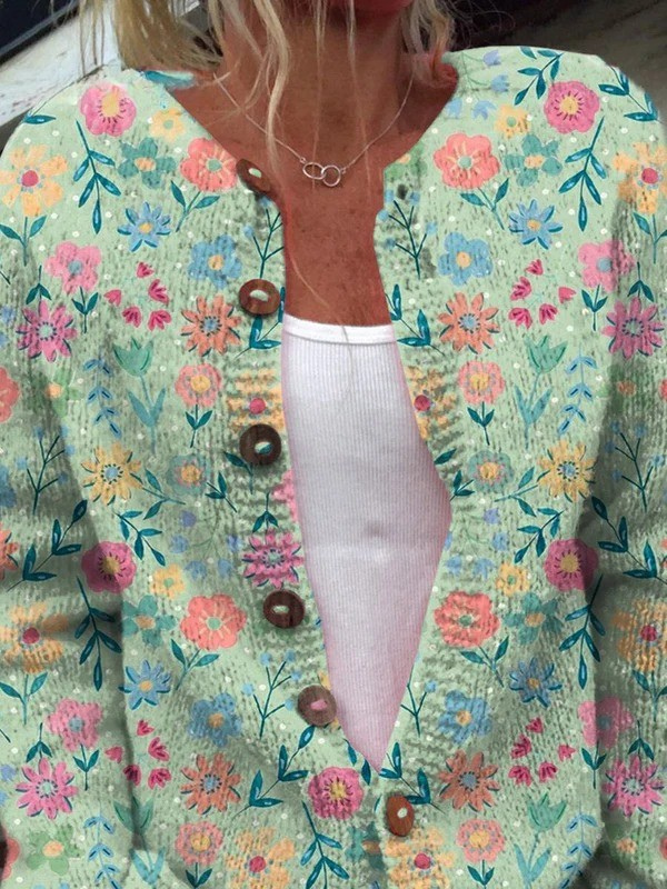 Foxfield | Pastel Floral Pattern Knit Cardigan with Wooden Buttons