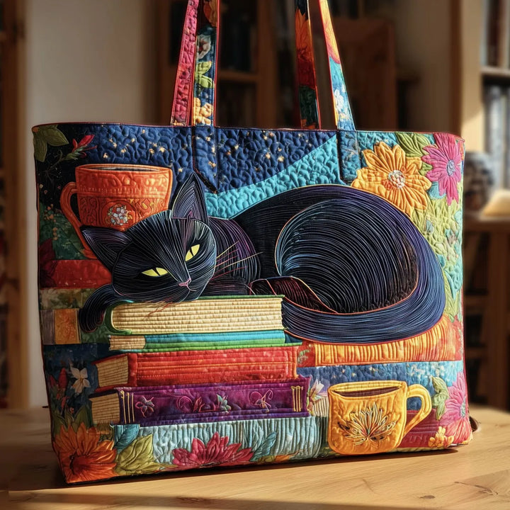 Artisan Tote - Black Cat Surrounded by Books and Mugs