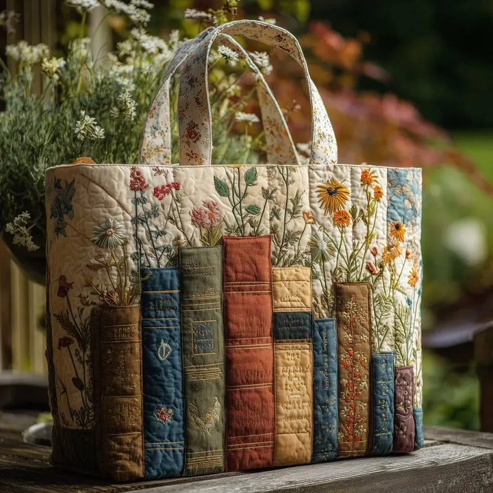 Handcrafted Quilted Tote - Floral & Literary Design