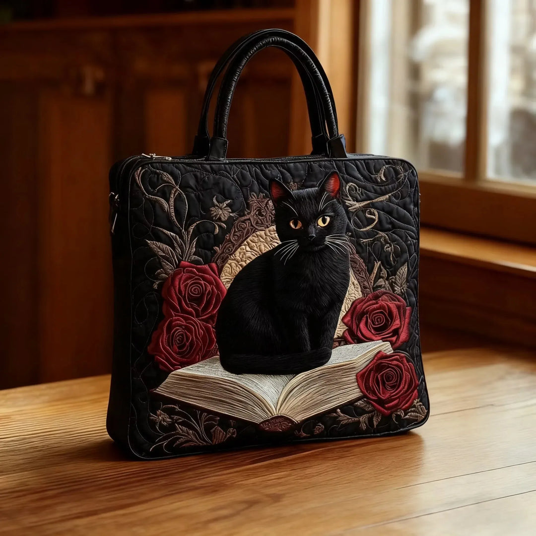 Handcrafted Quilted Bag - Black Cat Among Books