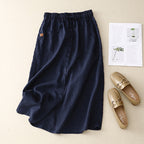 Casual Linen Midi Skirt with Elasticated Waist and Button Front