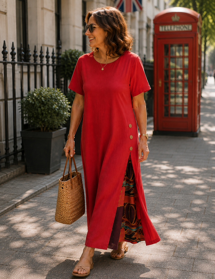 Maurene – Red | Casual Long Dress with Linen Effect