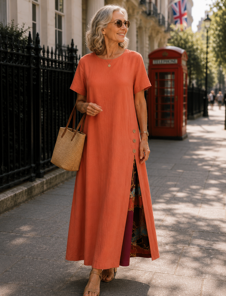 Maurene – Orange | Long Casual Dress with Linen Effect