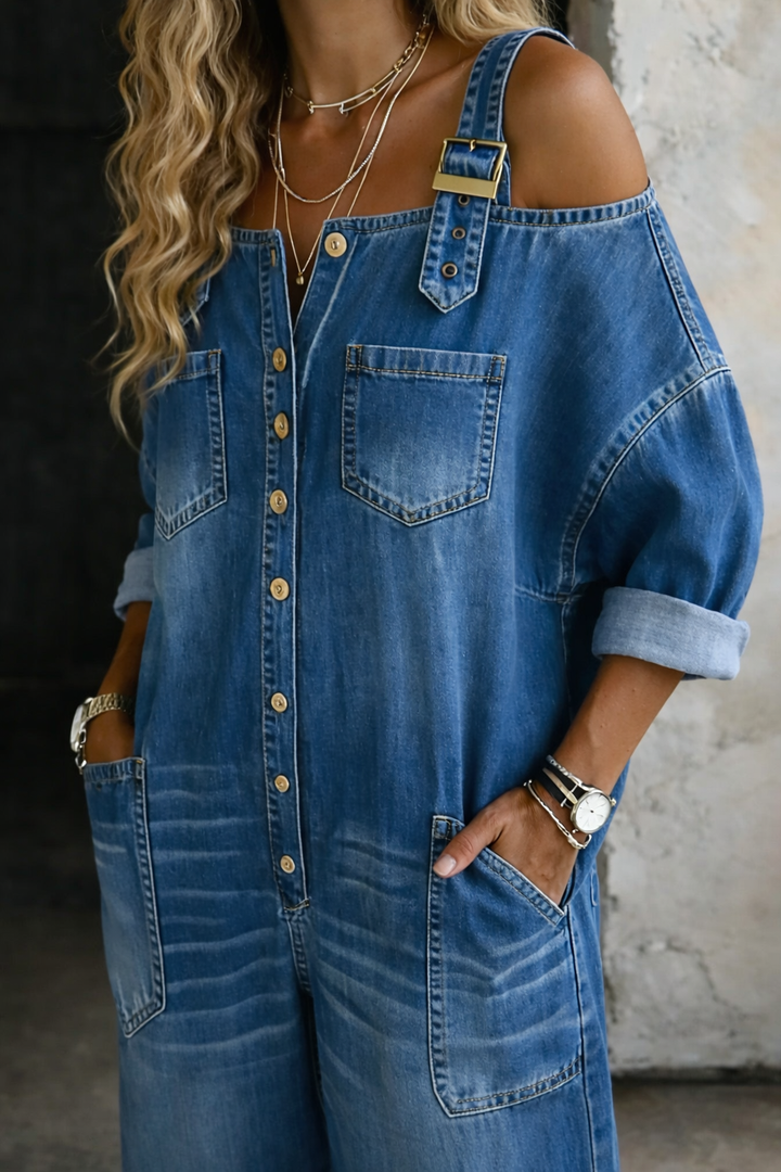 Sophia | Denim Dungaree with Off-Shoulder Design