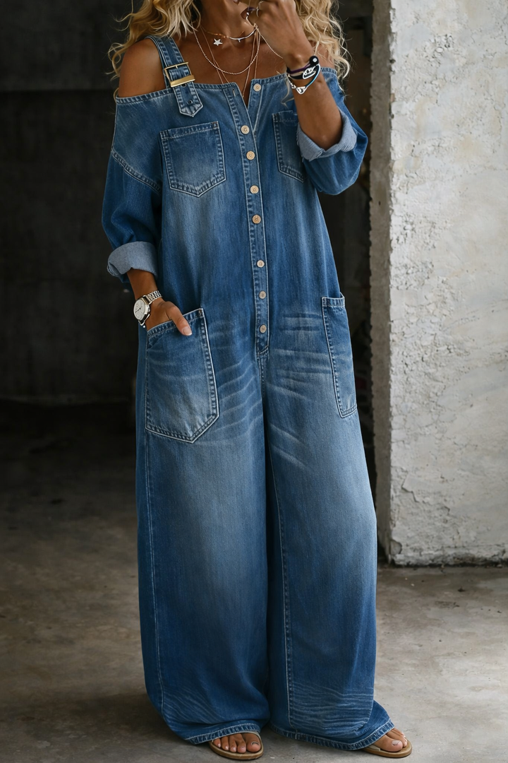 Sophia | Denim Dungaree with Off-Shoulder Design