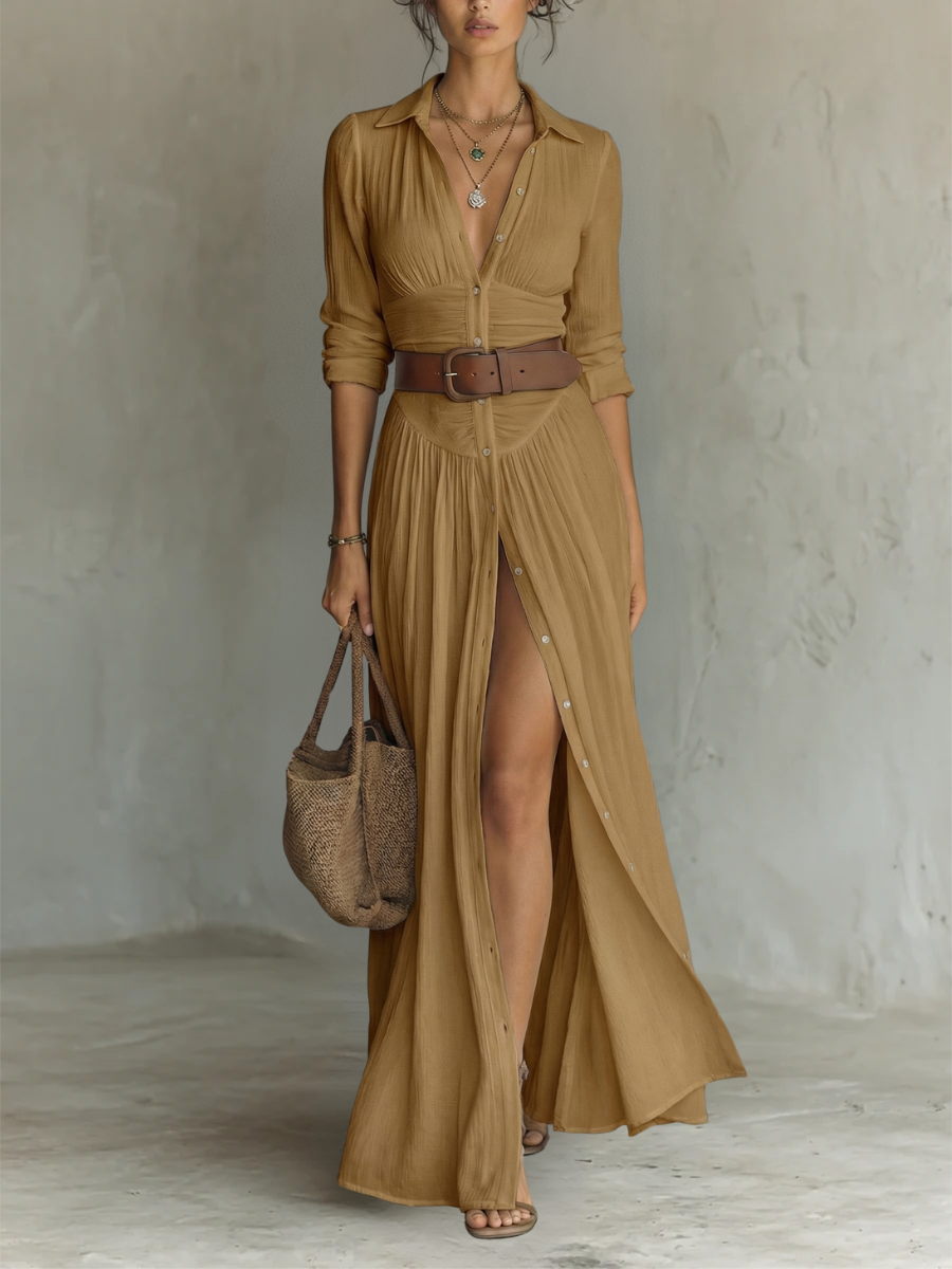 Linen Maxi Dress with Notch Collar and Long Sleeves