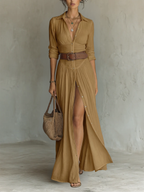 Linen Maxi Dress with Notch Collar and Long Sleeves