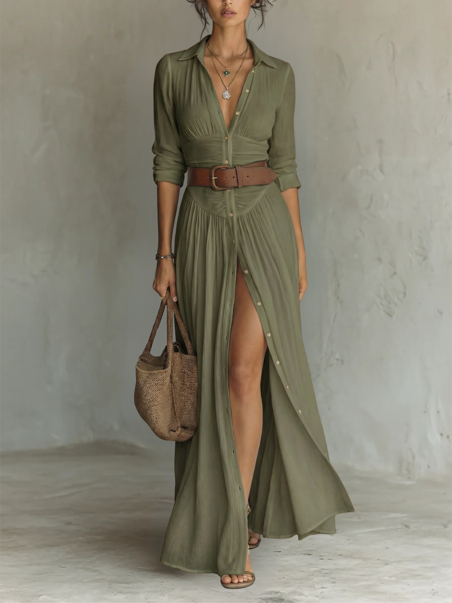 Linen Maxi Dress with Notch Collar and Long Sleeves