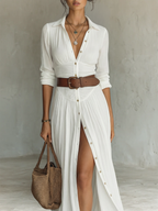 Linen Maxi Dress with Notch Collar and Long Sleeves
