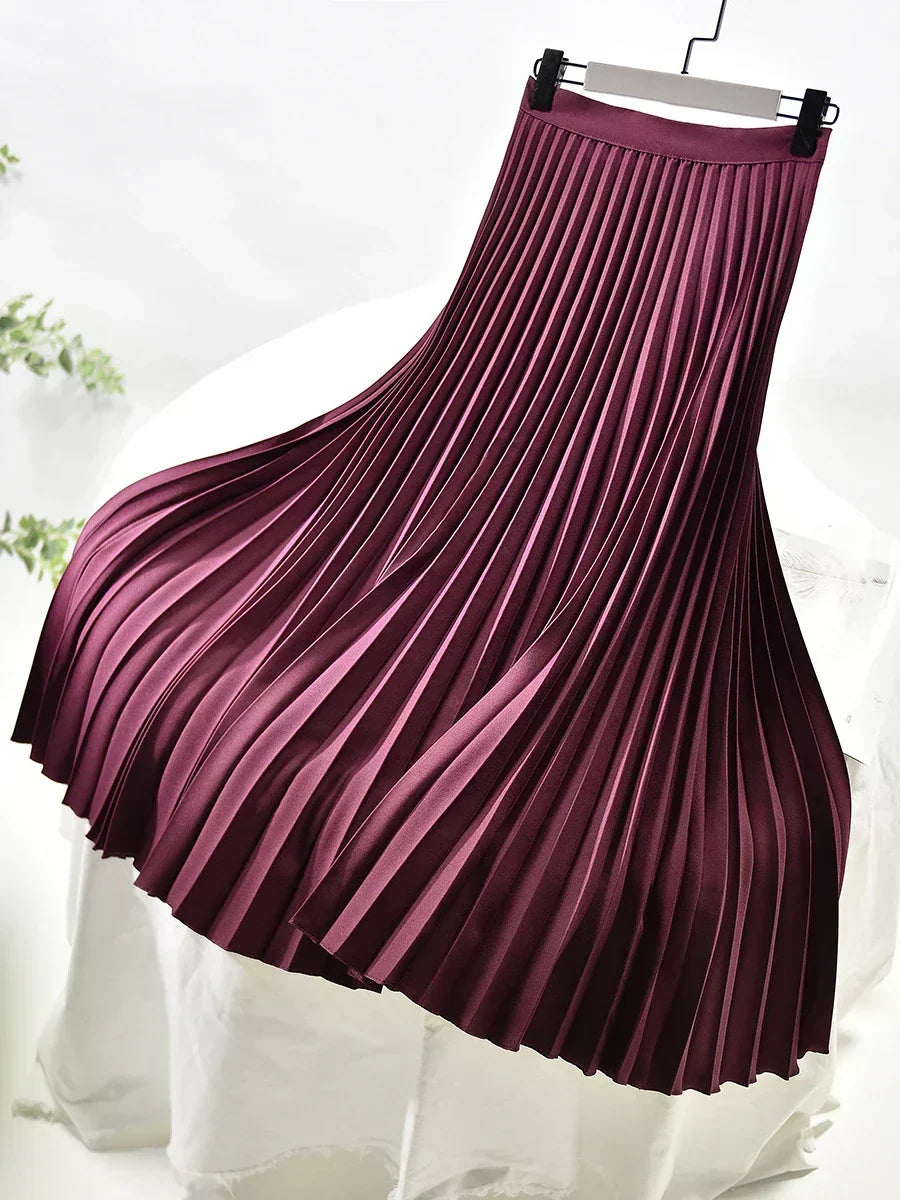 Elegant High Waist Pleated Midi Skirt with Elasticated Waistband