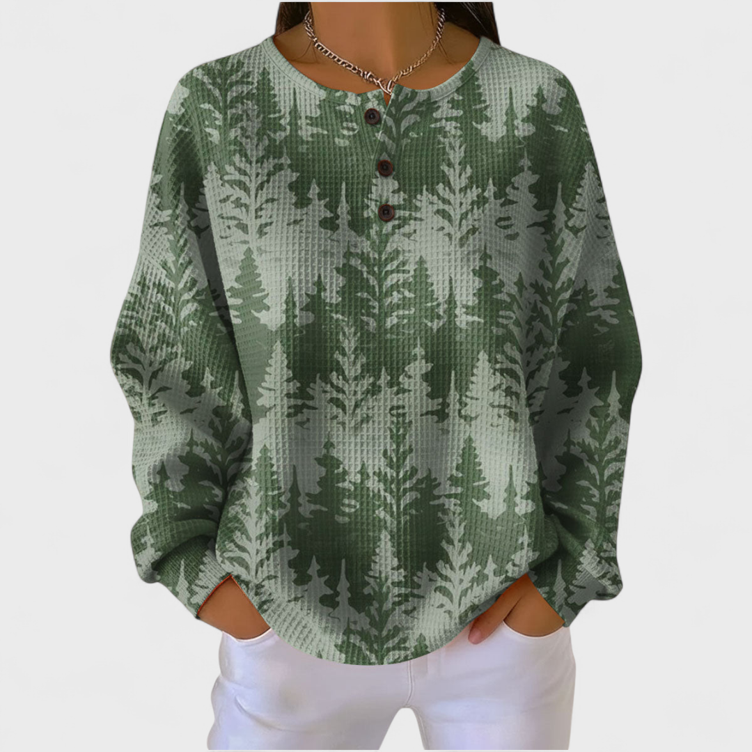 Inès - Green Jumper with Classic Christmas Tree Pattern