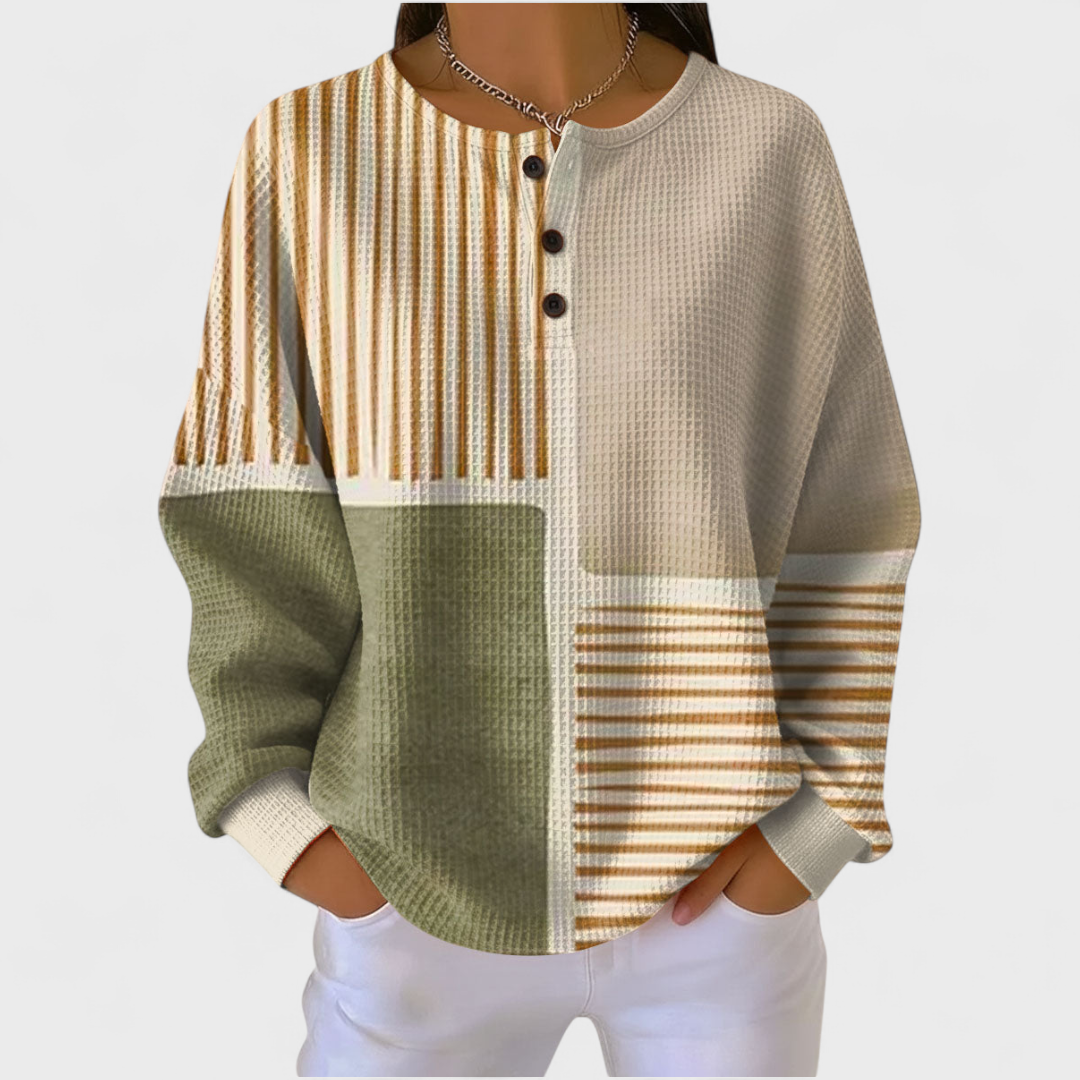 Luna - Beige Jumper with Stripe and Patchwork Pattern