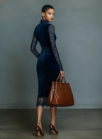 Velvet Midi Dress with V-Neck and Lace