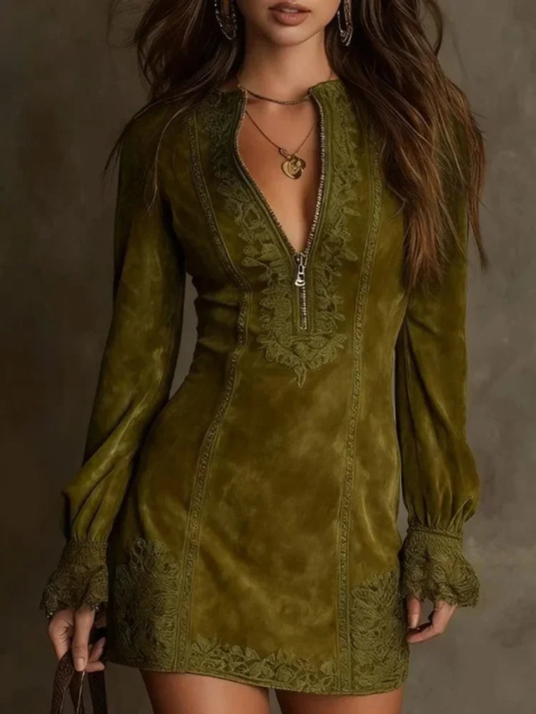 Short Suede Lace Dress Feminine & Sophisticated
