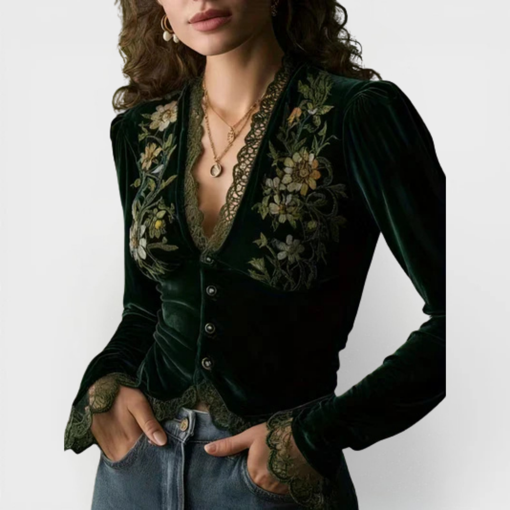 Nora | Long-Sleeve Velvet Blouse with Embroidered Flowers