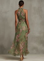Serena | Green Floral Maxi Dress with Halterneck