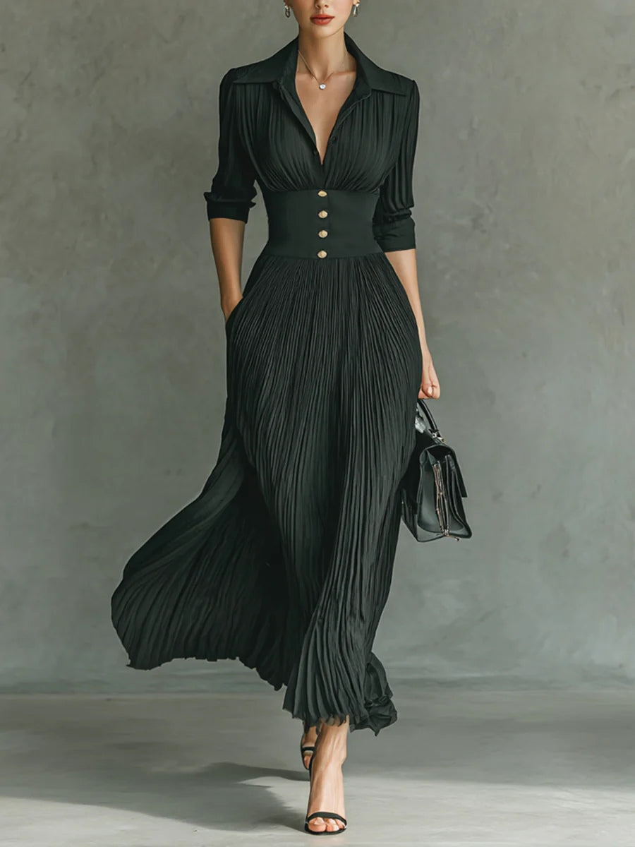 Elvira | Pleated Lapel-Collar Maxi Dress