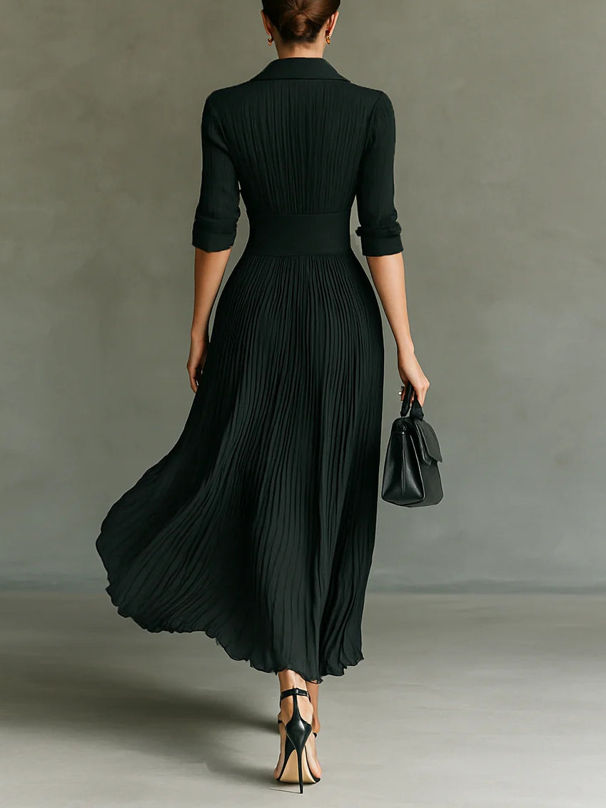 Elvira | Pleated Lapel-Collar Maxi Dress