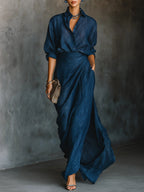 Cielo | Deep Blue Shirt & Draped Maxi Skirt Set