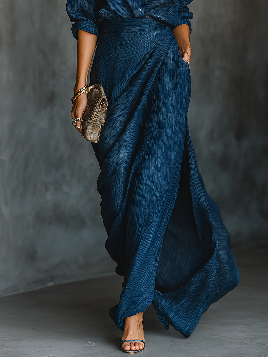 Cielo | Deep Blue Shirt & Draped Maxi Skirt Set