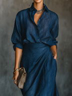 Cielo | Deep Blue Shirt & Draped Maxi Skirt Set