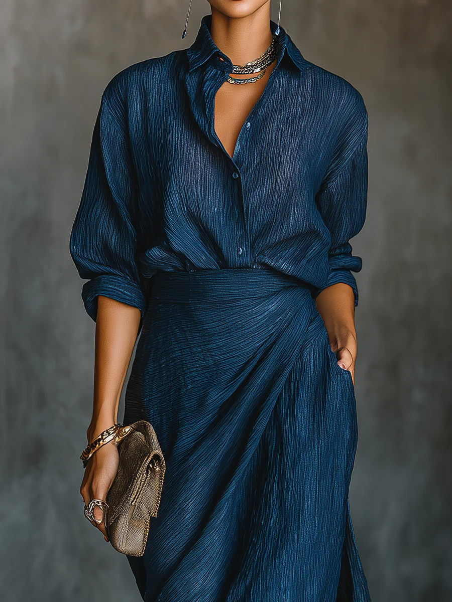 Cielo | Deep Blue Shirt & Draped Maxi Skirt Set