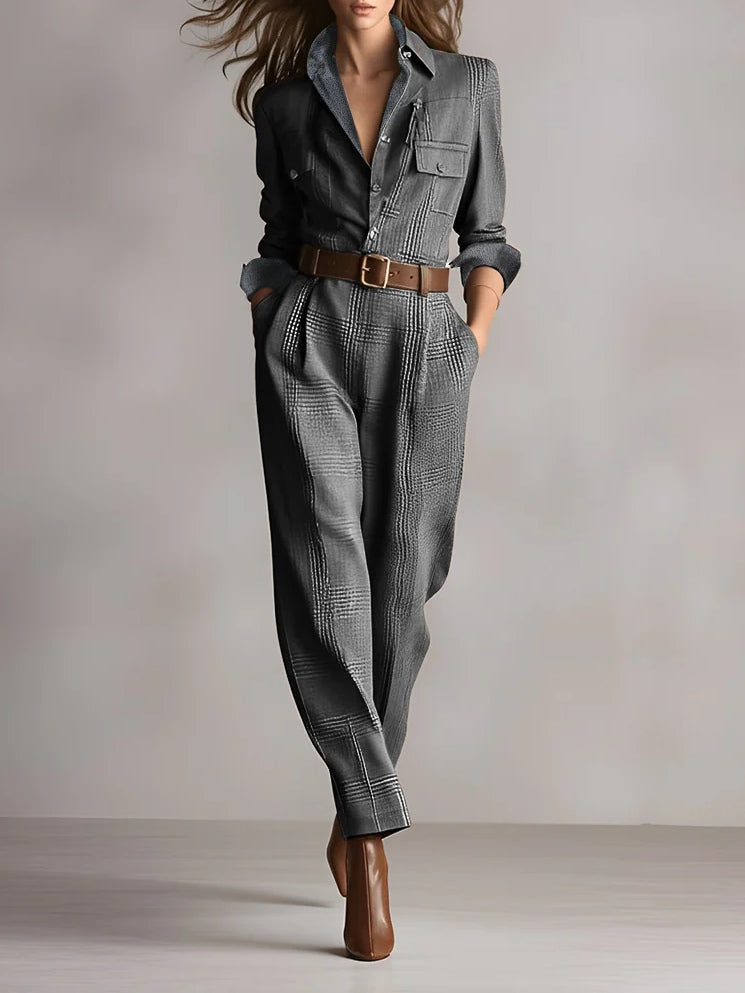 Brown Sophisticated Tweed Texture Plaid Utility Jumpsuit