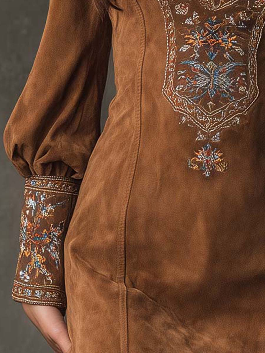 Vintage Brown V-Neck Suede Embroidered Mini Dress