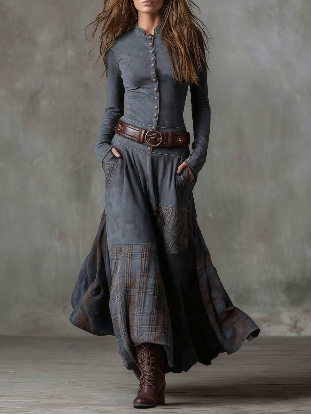 Navy Plaid Paneled Vintage Suede Maxi Dress(with belt)