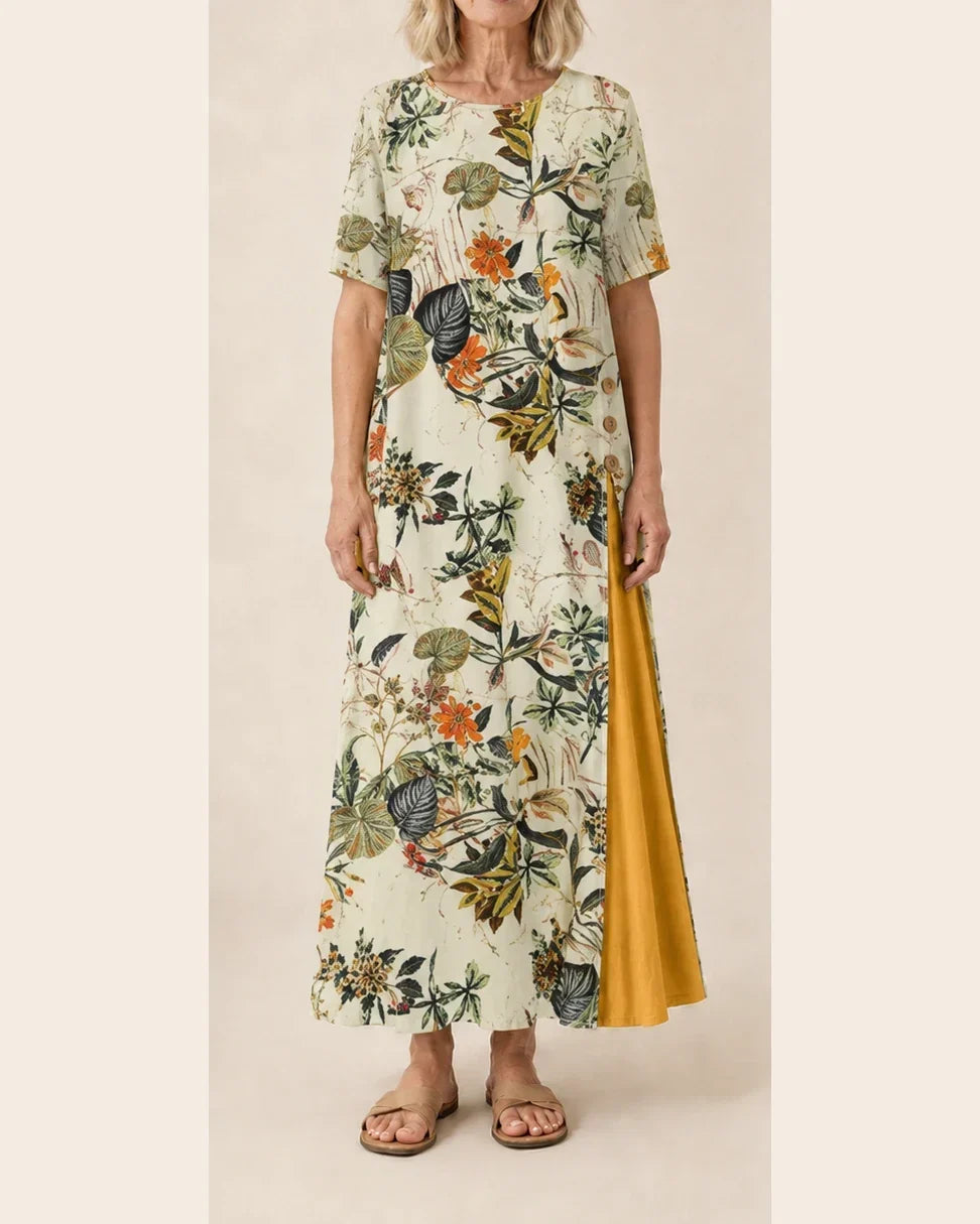 Maurene – Botanical Floral Print | Casual Long Linen Effect Dress